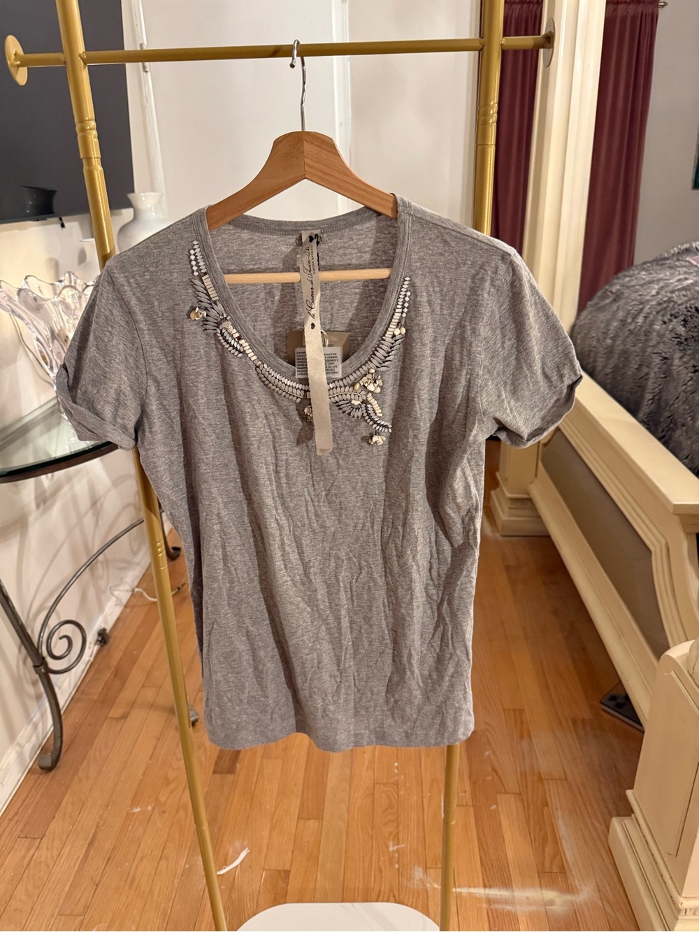 Women's Embellished Gray Short Sleeve Tee by